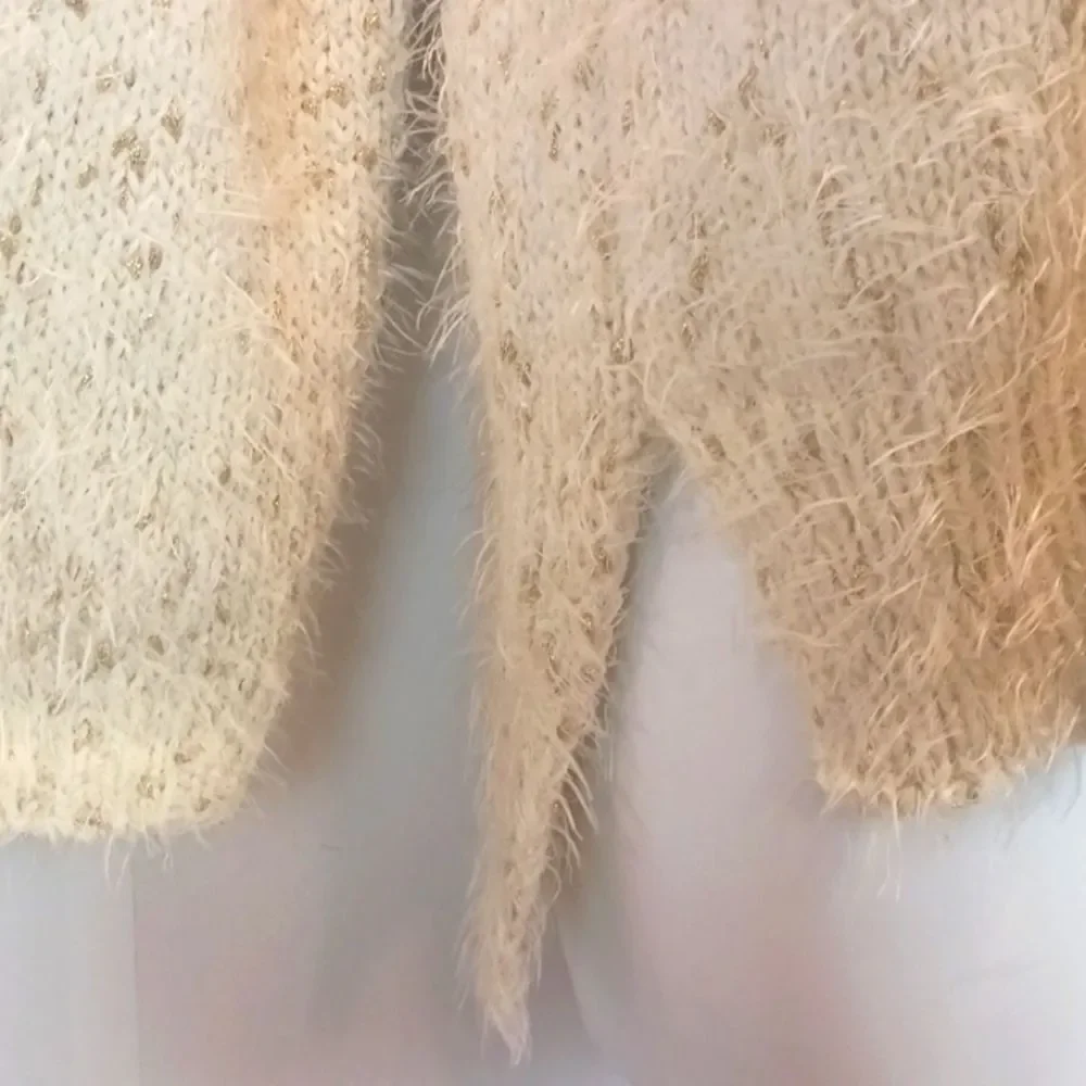 Cotton emporium fuzzy cream/ gold metallic threading long-sleeve sweater (M)